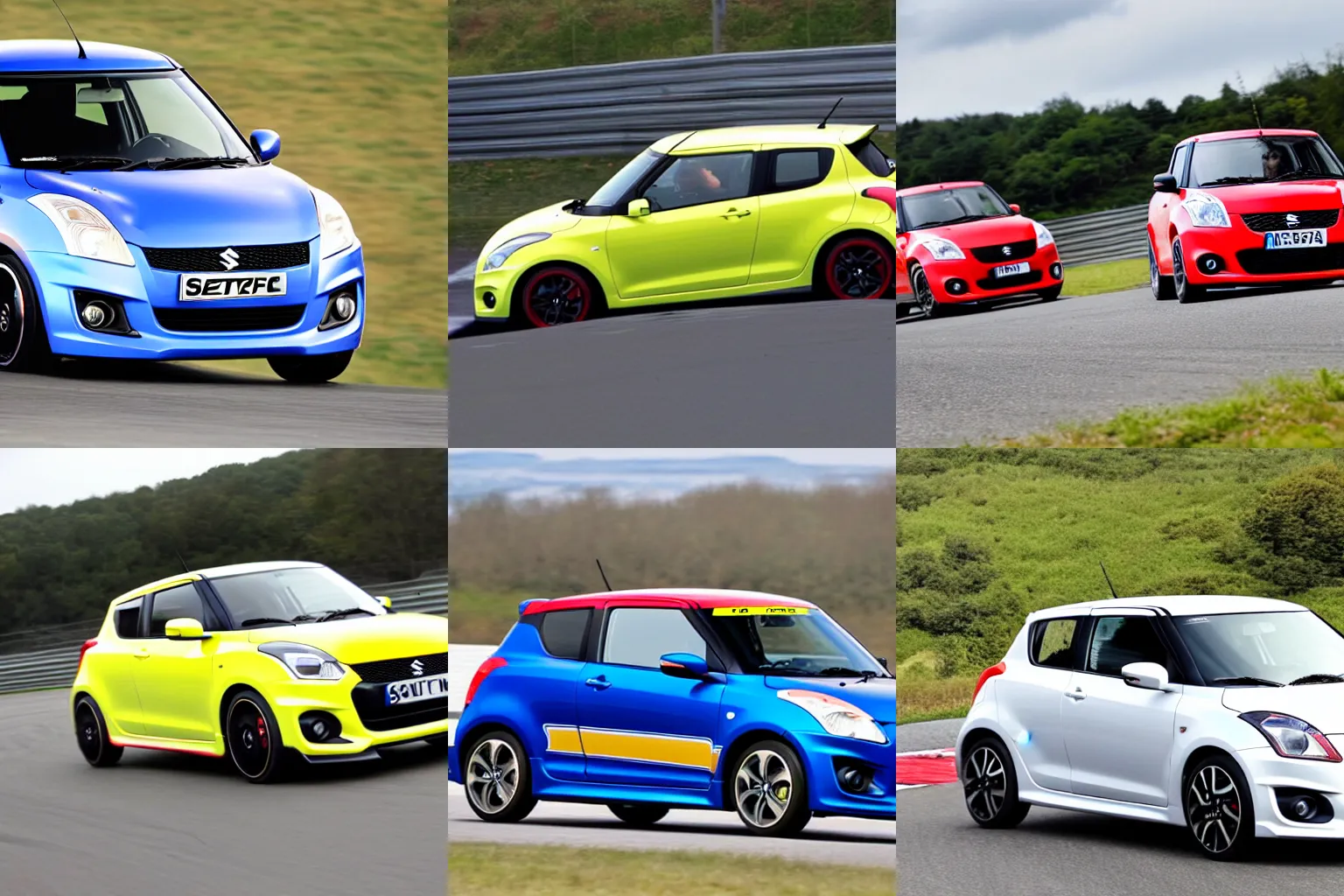 Prompt: a 2013 suzuki swift sport zc32s driving fast in the nurburgring