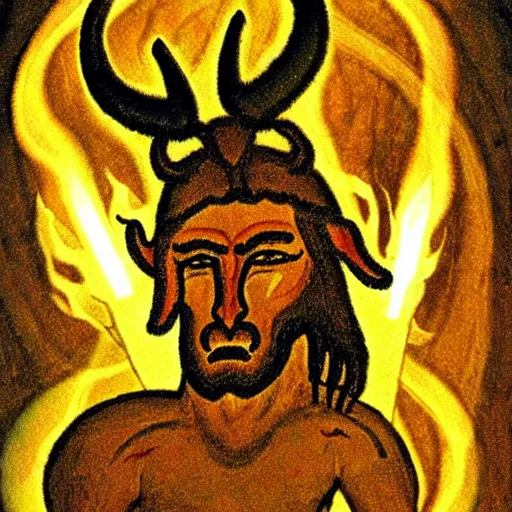 Image similar to horned god, paleolithic cave painting, light of fire