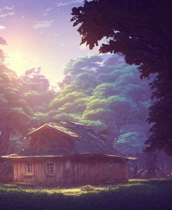 Image similar to a large, simple, schoolhouse made from exotic leaves, overgrown with huge exotic fungus, deep in the woods, sun drenched, partly cloudy, by dan mumford, yusuke murata, makoto shinkai, ross tran, cinematic, unreal engine, cel shaded, featured on artstation, pixiv