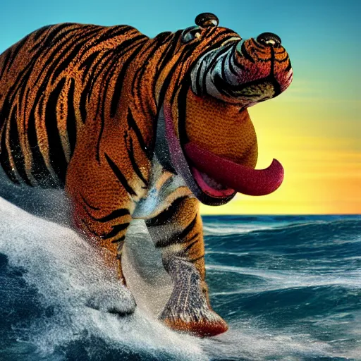 Prompt: a closeup photorealistic photograph of a cute smiling knitted tiger hippopotamus chasing towards a beachball at sunset. surf in background. professional capture. brightly lit scene. this 4 k hd image is trending on artstation, featured on behance, well - rendered, extra crisp, features intricate detail, epic composition and the style of unreal engine.