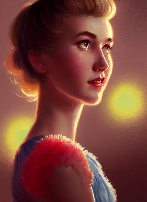 Image similar to portrait of betty cooper with fluffy bangs, bangs, 1 9 6 0 s, ponytail, curly bangs and ponytail, rounder face, intricate, elegant, glowing lights, highly detailed, digital painting, artstation, concept art, smooth, sharp focus, illustration, art by wlop, mars ravelo and greg rutkowski