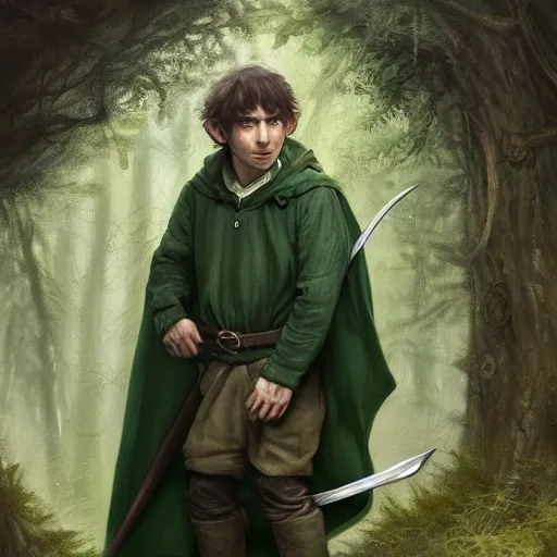 Image similar to a portrait of a handsome hobbit rogue wearing a dark green hood and a cloak in the forest, wearing adventure gear, holding a sword, ultra realistic, detailed, masterpiece, short hair cut, clean shaven, by Tony Sart and Randy Vargas and Greg Rutkowski, trending on ArtStation