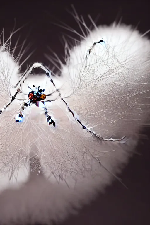 Image similar to high quality macro photo fluffy white spiders! gorgeous highly detailed hannah yata elson peter cinematic lighting high quality low angle hd 8k sharp shallow depth of field