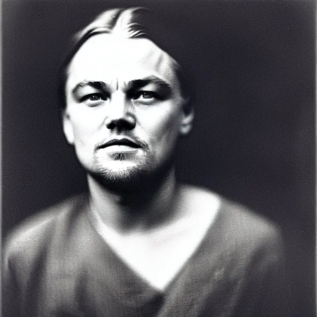 Prompt: a vintage photograph of Leonardo DiCaprio by Julia Margaret Cameron, portrait, 40mm lens, shallow depth of field, split lighting