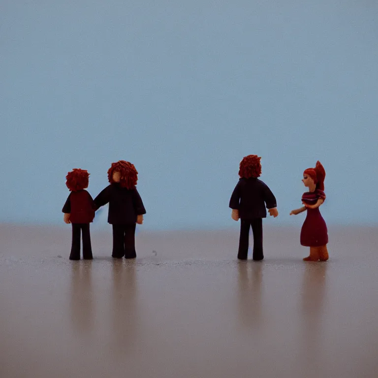 Image similar to a cinematic film still of a claymation stop motion film eternal sunshine of the spotless mind joel and clementine on the beach, shallow depth of field, 8 0 mm, f 1. 8