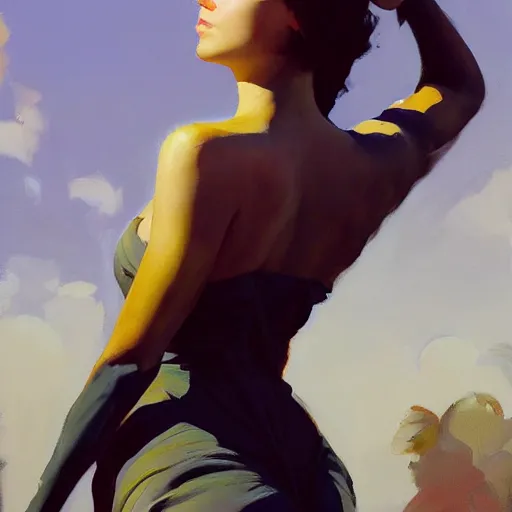 Image similar to greg manchess portrait painting of yorha type a no. 2 from behind, organic painting, sunny day, matte painting, bold shapes, hard edges, street art, trending on artstation, by huang guangjian and gil elvgren and sachin teng