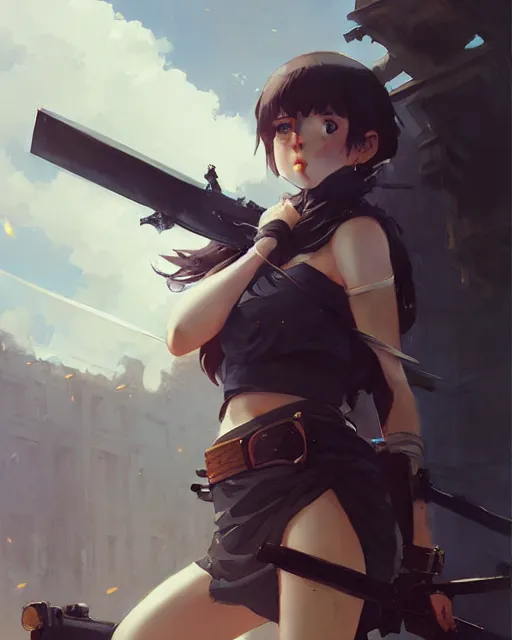 Image similar to cute girl, whitesmith, huge weapon, mechanical parts, digital painting by krenz cushart, ilya kuvshinov, akihiko yoshida, greg rutkowski, karl spitzweg, intricate background