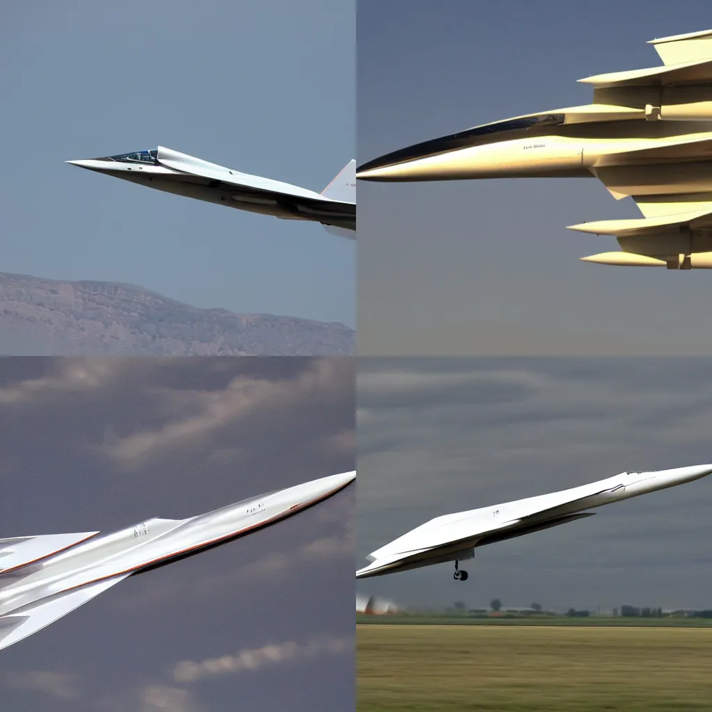 Prompt: Record breaking supersonic jet plane, extreme high quality photo taken from the ground