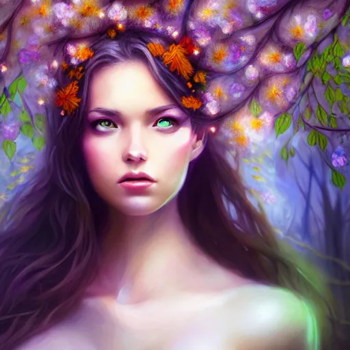 Prompt: upper body of a beautiful woman clothed in flowers and leaves standing in an enchanted forest, high fantasy, elegant, epic, detailed, intricate, digital painting, concept art, realistic detailed face, smooth, focus, rim light