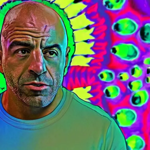 Image similar to joe rogan tripping on mescaline photorealistic