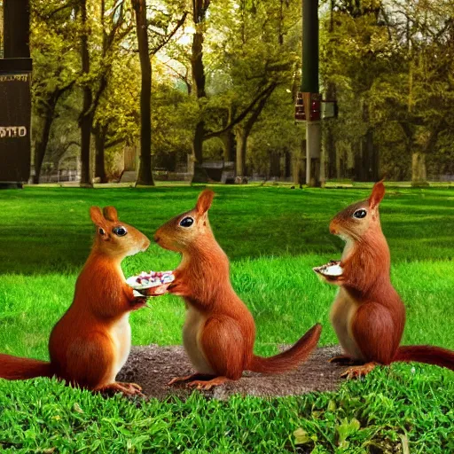 Prompt: a award winning photo of squirrels having a lunch at an squirrel hotel, volumetric light effect