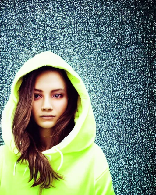 Prompt: a closeup portrait of as beautiful young woman wearing a transparent hoody standing in the middle of a busy night road, raining with lots on neon lights on the background, very backlit, moody feel, dramatic