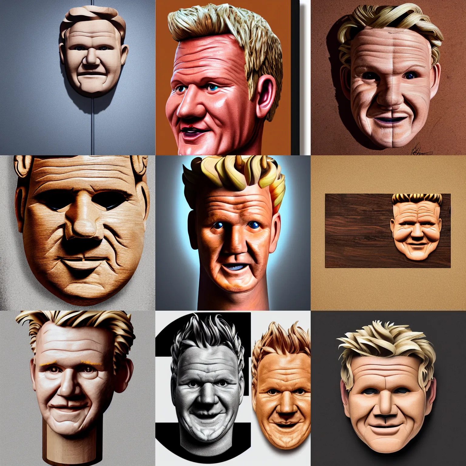Prompt: A wooden mask of Gordon Ramsay\'s face, digital art, studio lighting, isometric view