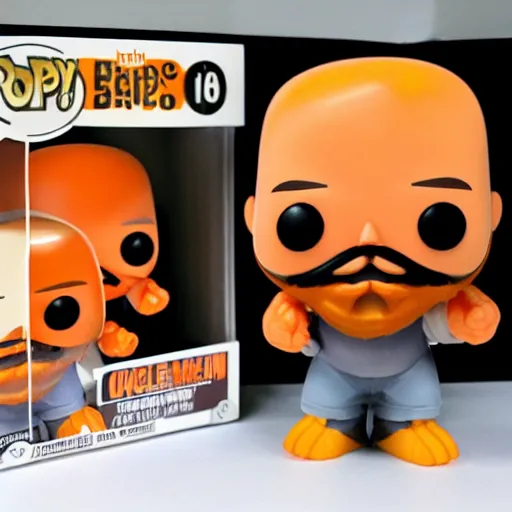 Prompt: funko pop bald man with a large orange beard in funko pop box