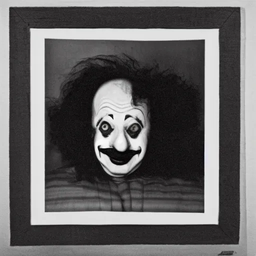 Prompt: portrait of a clown by diane arbus, black and white photography