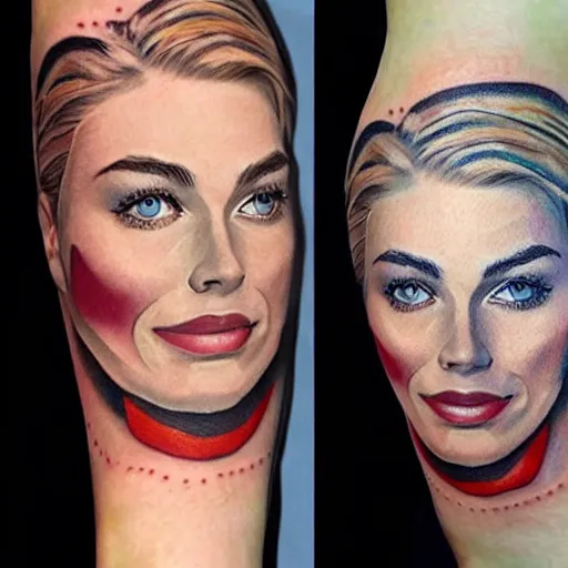 Image similar to face morph tattoo design sketch of margot robbie blended in beautiful mountain scenery, in the style of matteo pasqualin, amazing detail