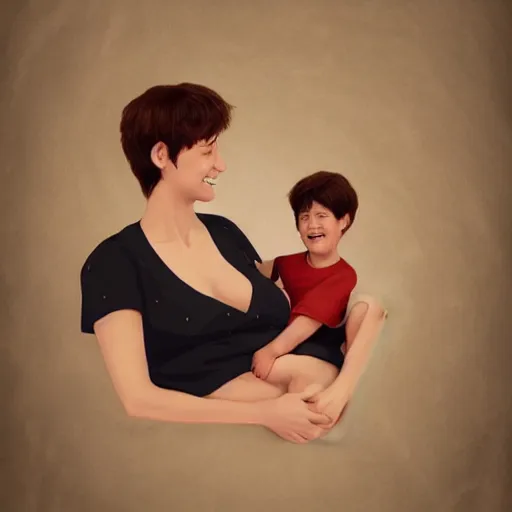 Image similar to illustration beautiful cinematic hyperrealism style where a mother appears with her happy son