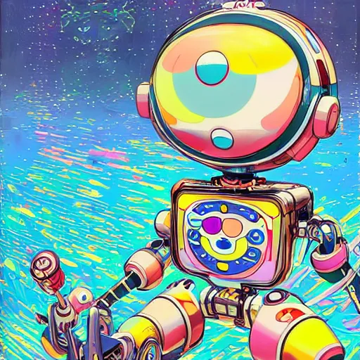 Image similar to a robot mascott by takashi murakami,, beeple and james jean, aya takano color style, 4 k, super detailed, night sky, digital art, digital painting, celestial, majestic, colorful