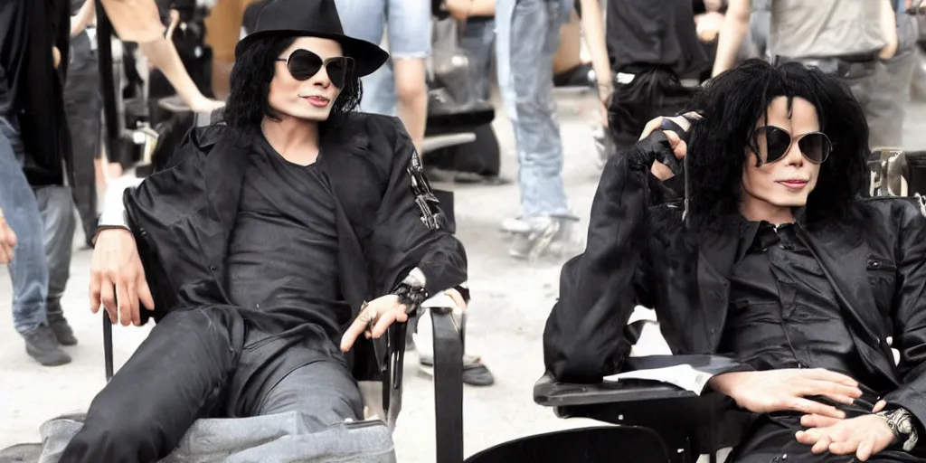 Image similar to michael jackson 2 0 0 9 wearing shades, alone, this is it style, photo real, skin, motion blur, sitting in a chair, by himself, real life, spotted, leaked, ultra realistic face, accurate, 4 k, movie still, uhd, sharp, detailed, cinematic, render, modern