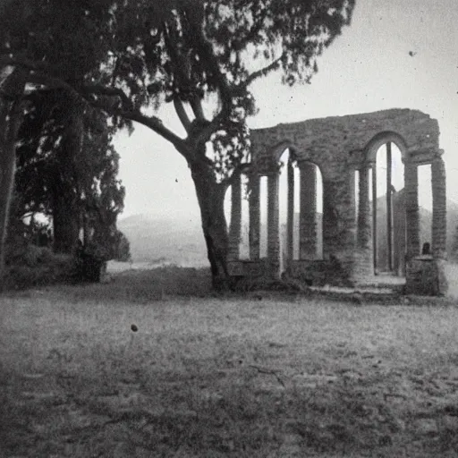 Prompt: a creepy vintage photo of a ruined california mission