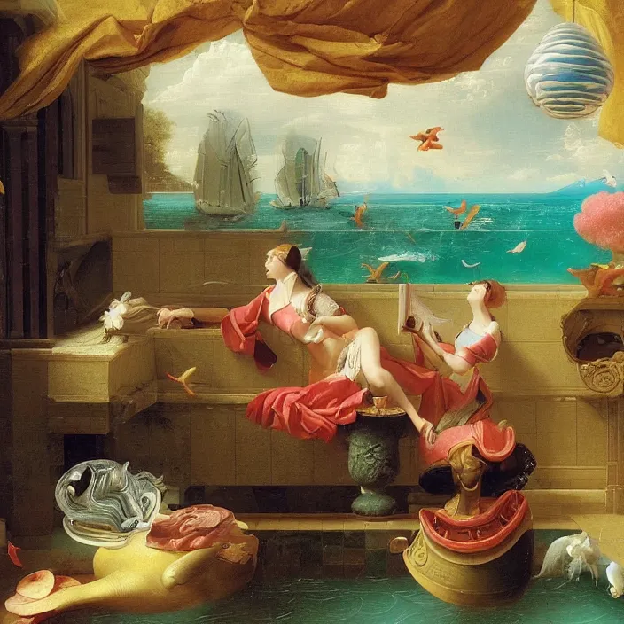 Image similar to pieter de hooch, dolphins, trending on artstation, highly detailed, vaporwave surreal ocean, dolphins, pool, checkerboard pattern underwater, cuastics, award winning masterpiece with incredible details, artstation, a surreal vaporwave vaporwave vaporwave vaporwave vaporwave painting by thomas cole of old pink marble mannequin head