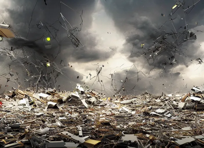 Prompt: thousands of robots falling into tornado fx arstation hyperrealistic art