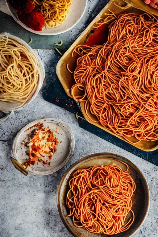 Prompt: food photography of spaghetti in a used ashtray