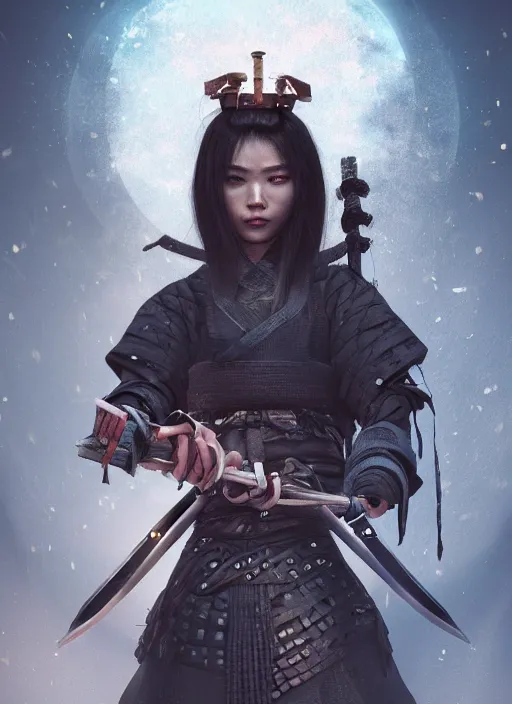 Image similar to samurai girl with katana in future dystopia, by bjorn barends fantasy, medieval, vivid colors, fantasy, elegant, concept art, sharp focus, beautiful face, digital art, Hyper-realistic, 4K, octane render, high contrast, depth of field, unreal Engine, Dramatic Lighting by Brom, trending on Artstation