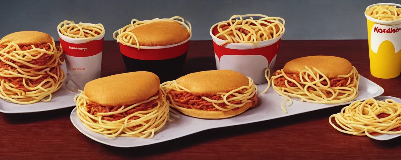 Image similar to 1 9 8 0 s mcdonalds best selling spaghetti sandwich, kodachrome,