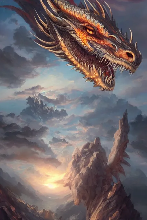 Prompt: giant oriental dragon in the sky, d & d, fantasy, portrait, highly detailed, headshot, digital painting, trending on artstation, concept art, sharp focus, illustration, art by artgerm and greg rutkowski and magali villeneuve