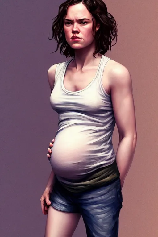 Prompt: pregnant daisy ridley in a tank top, realistic portrait, symmetrical, highly detailed, digital painting, artstation, concept art, smooth, sharp focus, illustration, cinematic lighting, art by artgerm and greg rutkowski and alphonse mucha
