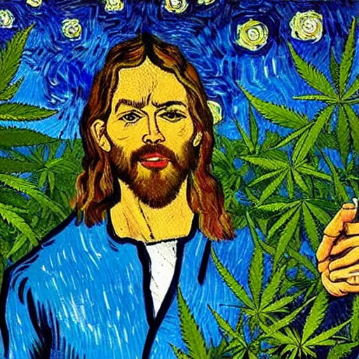 Image similar to jesus with jimm kerry spreads his hands against the background of growing cannabis. an oil painting in the style of van gogh