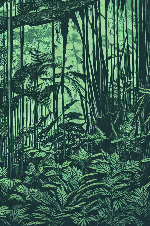 Image similar to a beautiful woodcut print of a lush jungle, 8 k, frostbite 3 engine, cryengine, dof, trending on artstation, digital art, crepuscular ray, art by valerie lueth and tugboat printshop