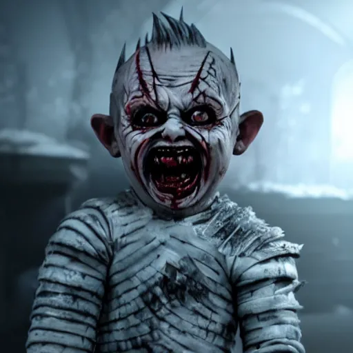 Image similar to screaming chucky doll as the night king on game of thrones octane render