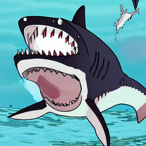 Image similar to shark with bird wings breaching water surface to eat surprised pancake person, cartoon, studio ghibli, manga, anime