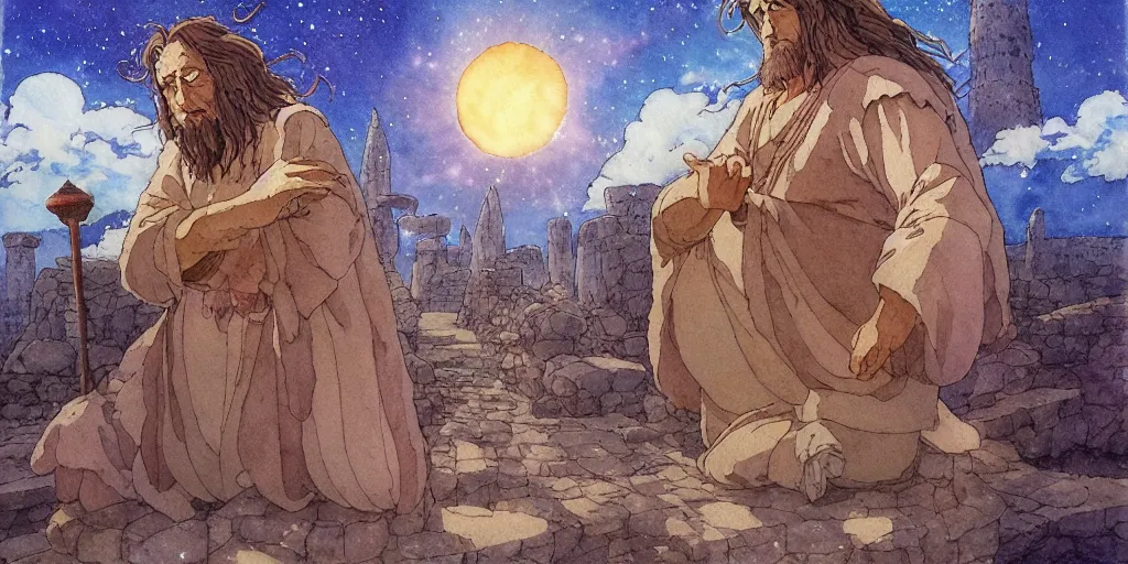 Image similar to a hyperrealist studio ghibli watercolor fantasy concept art of a giant long haired medieval monk with his heads down in lotus position in stonehenge with a starry sky in the background. a giant rocket ship from independence day ( 1 9 9 6 ) is floating in the air. by rebecca guay, michael kaluta, charles vess