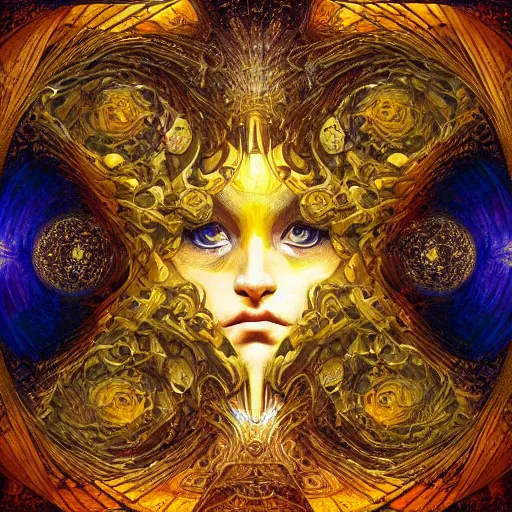 Prompt: Divine Chaos Engine by Karol Bak, Jean Deville, Gustav Klimt, and Vincent Van Gogh, sacred geometry, visionary, mystic, spiritual, fractal structures, ornate gilded medieval icon, third eye, spirals