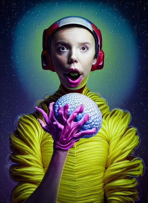 Image similar to hyper detailed 3d render of like a chiaroscuro oil painting - kawaii portrait outside spaceship (an astronaut queen with advanced suit like a skeksis from dark crystal that looks like millie bobby brown and Krysten Ritter) seen Eating of the Strangling network of yellowcake aerochrome and milky Fruit and His delicate Hands hold of gossamer polyp blossoms bring iridescent fungal flowers whose spores black the foolish stars by Jacek Yerka, Ilya Kuvshinov, Mariusz Lewandowski, Houdini algorithmic generative render, Abstract brush strokes, Masterpiece, Edward Hopper and James Gilleard, Zdzislaw Beksinski, Mark Ryden, Wolfgang Lettl, hints of Yayoi Kasuma, octane render, 8k