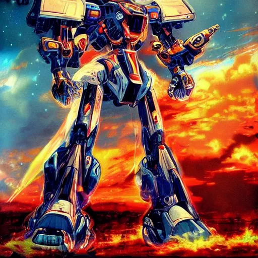 Image similar to beautiful picture of a giant Mecha, flames, anime style, art by Yasuhiko Yoshikazu, trending on Artstation