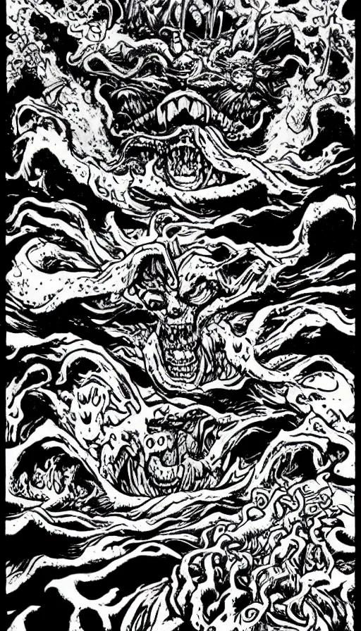 Image similar to man on boat crossing a body of water in hell with creatures in the water, sea of souls, by eiichiro oda