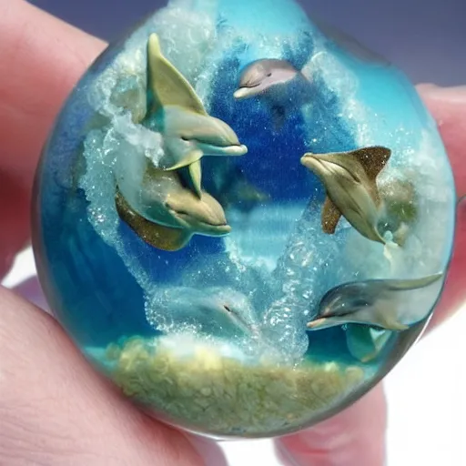 Image similar to a miniature oceans held in someone's cupped hands, dolphins jumping,