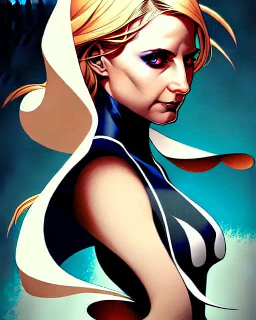 Image similar to artgerm, joshua middleton comic cover art, pretty sarah michelle gellar superhero, very pale white skin, asymmetrical black spot covering left eye only, no spot right eye white around right eye