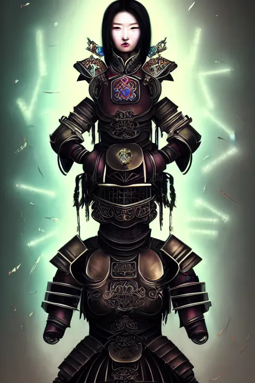 Image similar to beautiful and divine and luxury and evil and dieselpunklpunk three kingdom chinese female armor knight portrait+shinnyy eyes with light flowing hair, fighting in the chinese palace, ssci-fi, fantasy, neon light, fantasy, intricate complexity, human structure, human anatomy, hyperrealism 8k, art and illustration by tian zi and craig mullins and WLOP and alphonse mucha,