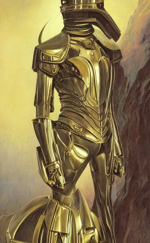 Image similar to full body portrait of beautiful gothic and futuristic fashion model, elegant smooth space armour, cyber armour, helmet, highly detailed, artstation, illustration, composition, 8 k quality, art by jean delville, rene magritte, hyperrealism oil painting