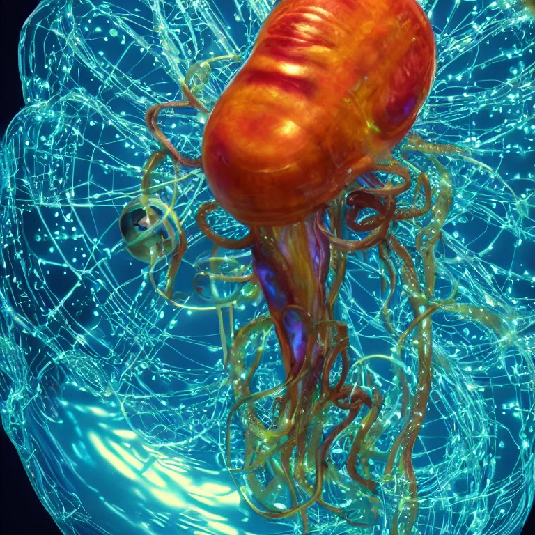 Prompt: octane render portrait by wayne barlow and carlo crivelli and glenn fabry, a shiny colorful deep ocean mariana trench fish squid octopus jellyfish creature made out inflated clear iridescent plastic and bioluminescence wearing shiny reflective glass facemask with human eyes and small lights inside, surrounded by bubbles, cinema 4 d, ray traced lighting, very short depth of field, bokeh