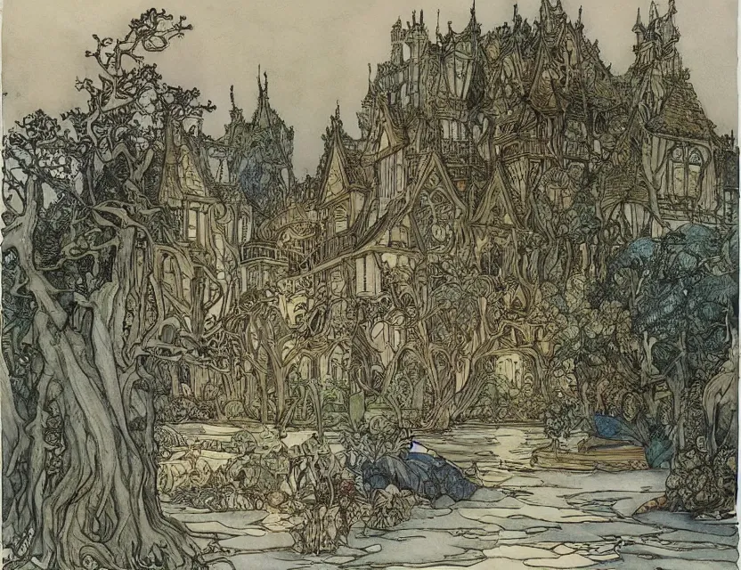 Image similar to a detailed, intricate watercolor and ink illustration with fine lines of the view from the river of an ornate victorian style home, by arthur rackham and edmund dulac and lisbeth zwerger