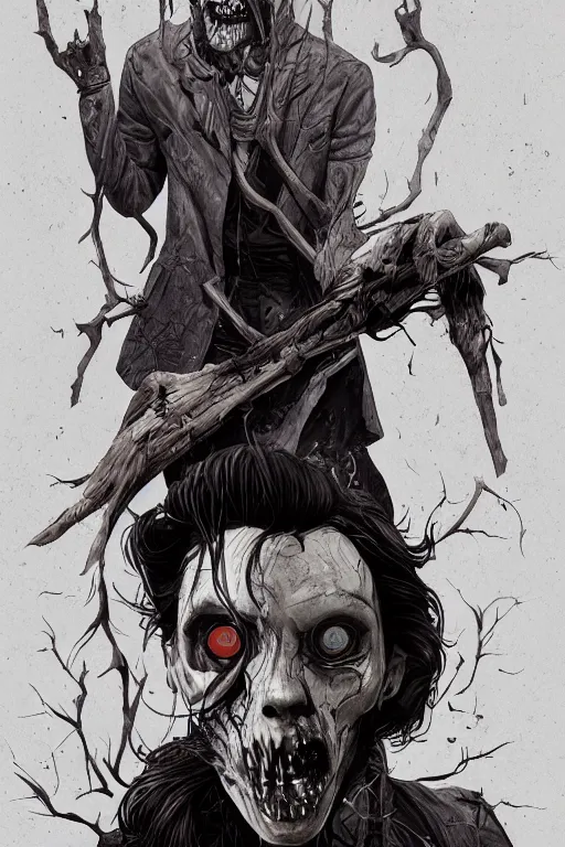 Image similar to keith buckley in sleepy hollow, full body, big two toned eyes, teeth gritted, horror, intricate details, cinematic, epic, realistic, anatomy, tomer hanuka, uplight, artstation, photorealistic, scary