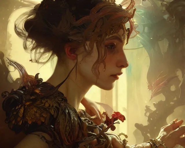 Image similar to photography of otto marseus van schrieck, deep focus, d & d, fantasy, intricate, elegant, highly detailed, digital painting, artstation, concept art, matte, sharp focus, illustration, hearthstone, art by artgerm and greg rutkowski and alphonse mucha