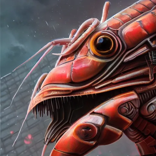 Prompt: ultra realist and ultra intricate detailed soft painting of a sci fi mantis shrimp, from the waist up, sci-fi helmet, symmetry features, sensual gloomy style, volumetric clouds, cyberpunk burning building background, artstation, unreal render, depth of field