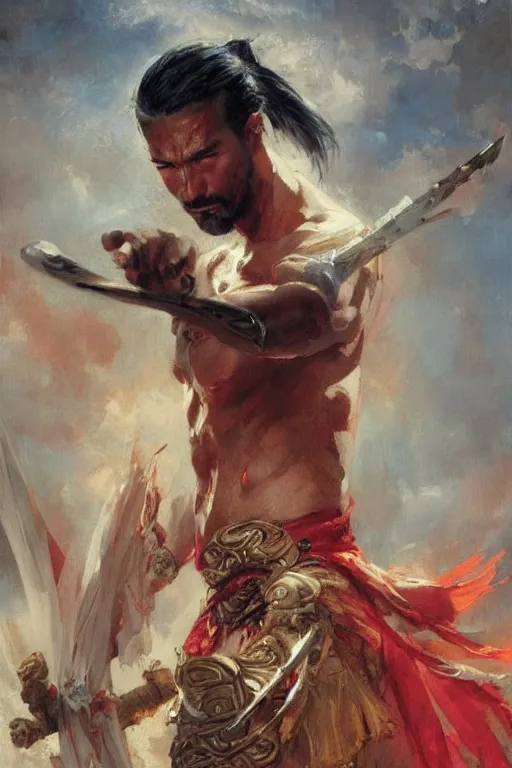 Image similar to wuxia, attractive beefy man, character design, colorful, painting by gaston bussiere, craig mullins, greg rutkowski, j. c. leyendecker